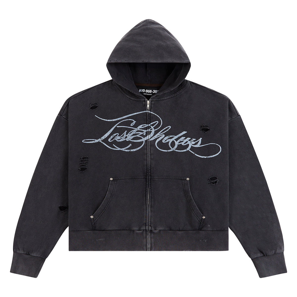 Distressed Script Zip Up Hoodie | Black