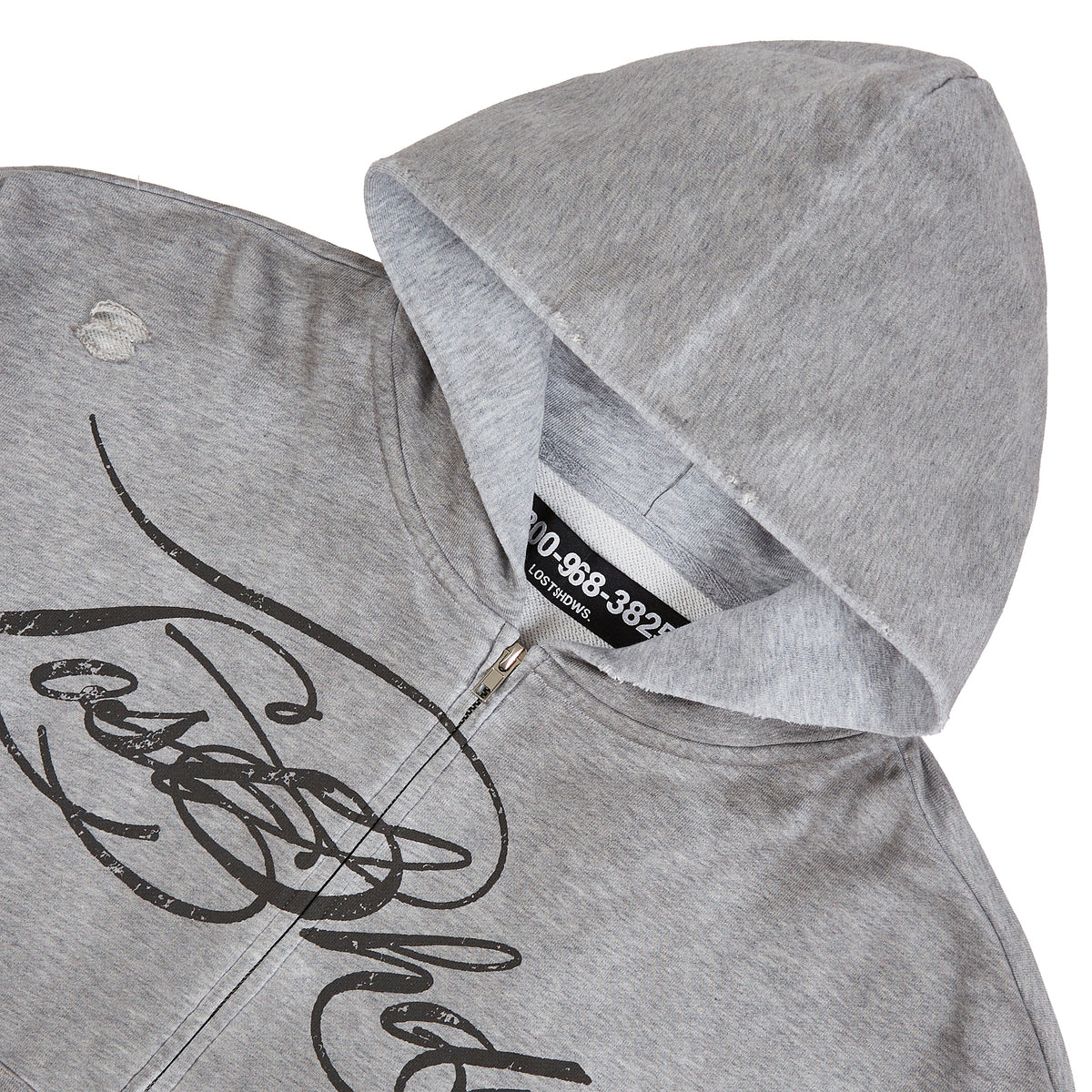 Distressed Script Zip Up Hoodie | Grey