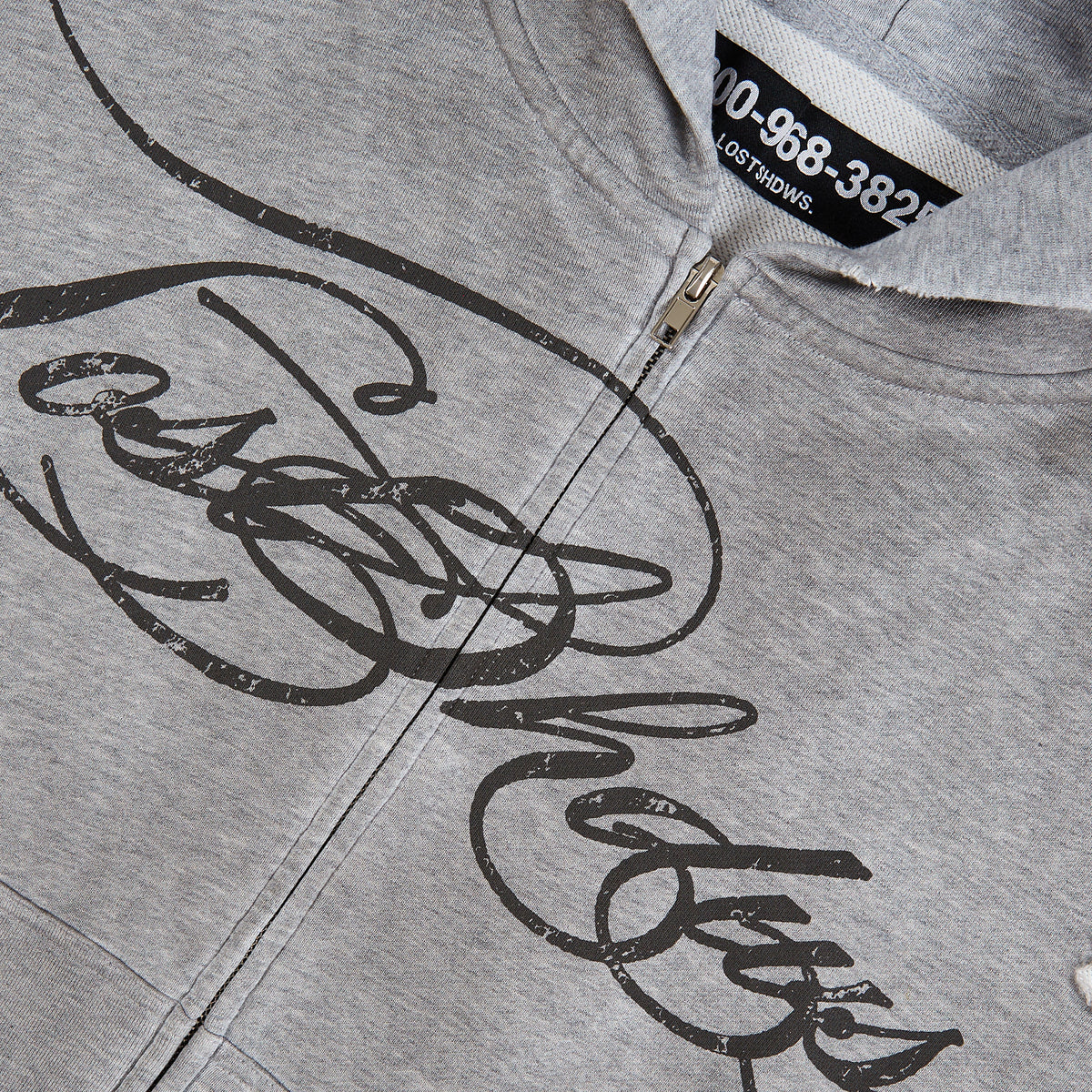 Distressed Script Zip Up Hoodie | Grey