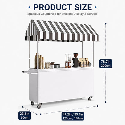 Portable Vendor Cart with Lockable Canopy and Wheels, Large Mobile Food Display Stand for Outdoor Markets & Events, Sturdy Metal Snack Kiosk with 360° Swivel Casters (Black, 55x23.6x78.7in)