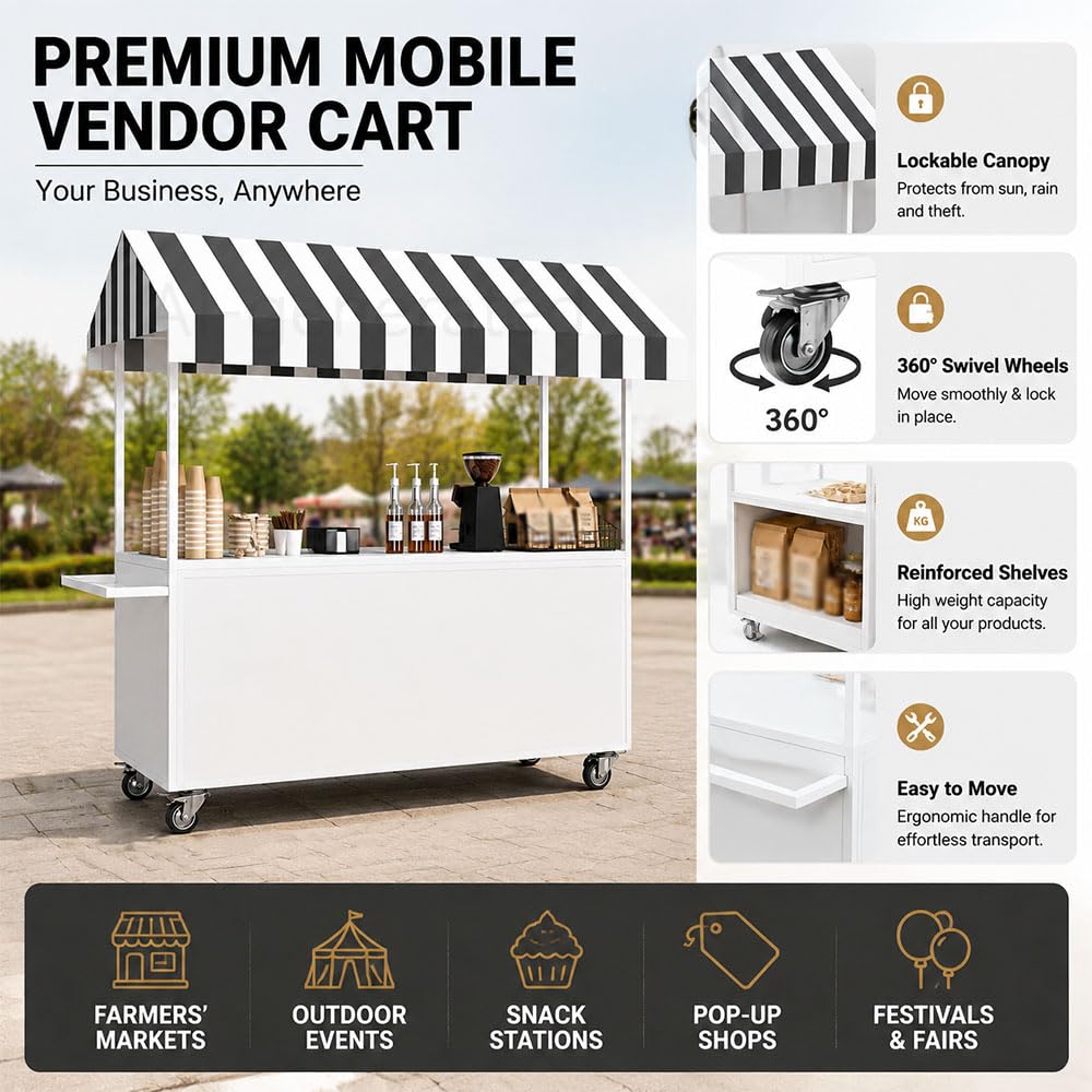 Portable Vendor Cart with Lockable Canopy and Wheels, Large Mobile Food Display Stand for Outdoor Markets & Events, Sturdy Metal Snack Kiosk with 360° Swivel Casters (Black, 55x23.6x78.7in)
