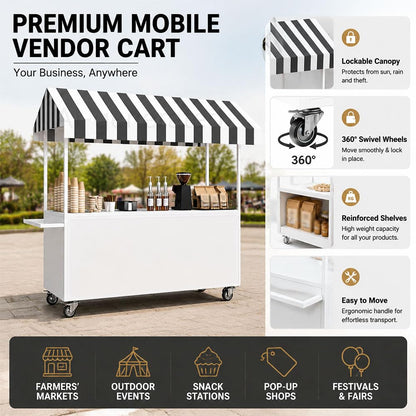 Portable Vendor Cart with Lockable Canopy and Wheels, Large Mobile Food Display Stand for Outdoor Markets & Events, Sturdy Metal Snack Kiosk with 360° Swivel Casters (Black, 55x23.6x78.7in)