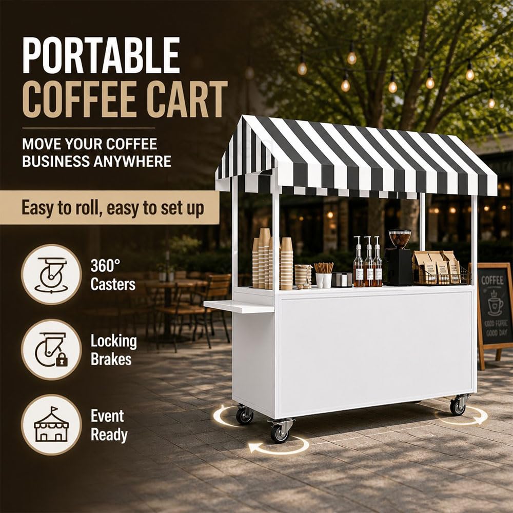 Portable Vendor Cart with Lockable Canopy and Wheels, Large Mobile Food Display Stand for Outdoor Markets & Events, Sturdy Metal Snack Kiosk with 360° Swivel Casters (Black, 55x23.6x78.7in)