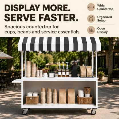 Portable Vendor Cart with Lockable Canopy and Wheels, Large Mobile Food Display Stand for Outdoor Markets & Events, Sturdy Metal Snack Kiosk with 360° Swivel Casters (Black, 55x23.6x78.7in)