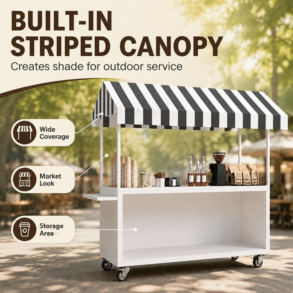 Portable Vendor Cart with Lockable Canopy and Wheels, Large Mobile Food Display Stand for Outdoor Markets & Events, Sturdy Metal Snack Kiosk with 360° Swivel Casters (Black, 55x23.6x78.7in)