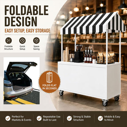 Portable Vendor Cart with Lockable Canopy and Wheels, Large Mobile Food Display Stand for Outdoor Markets & Events, Sturdy Metal Snack Kiosk with 360° Swivel Casters (Black, 55x23.6x78.7in)