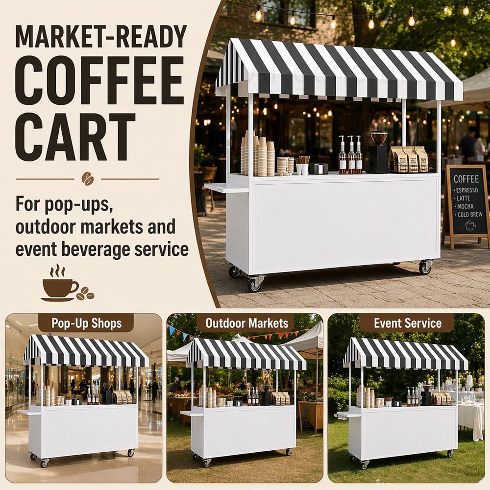 Portable Vendor Cart with Lockable Canopy and Wheels, Large Mobile Food Display Stand for Outdoor Markets & Events, Sturdy Metal Snack Kiosk with 360° Swivel Casters (Black, 55x23.6x78.7in)