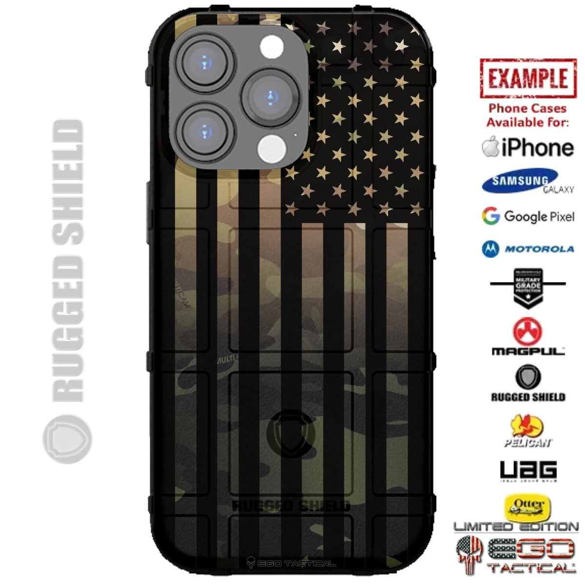 Multicam Fade to Multicam Black US American Flag Custom Printed Case Design for Apple, Samsung, Google & Motorola Phone Models