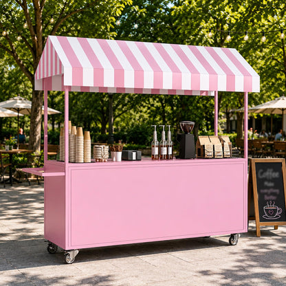 Portable Vendor Cart with Lockable Canopy and Wheels, Large Mobile Food Display Stand for Outdoor Markets & Events, Sturdy Metal Snack Kiosk with 360° Swivel Casters (Black, 55x23.6x78.7in)