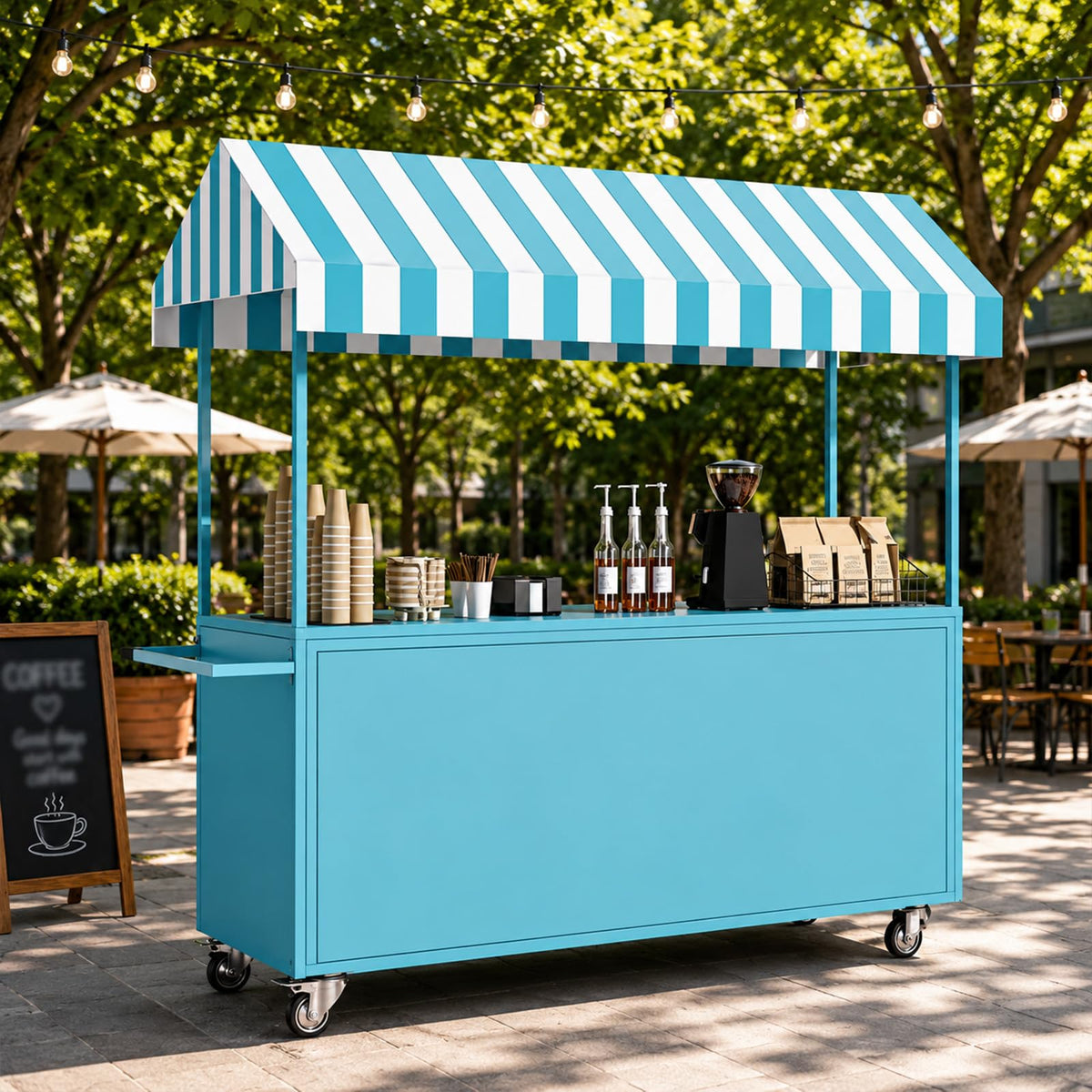 Portable Vendor Cart with Lockable Canopy and Wheels, Large Mobile Food Display Stand for Outdoor Markets & Events, Sturdy Metal Snack Kiosk with 360° Swivel Casters (Black, 55x23.6x78.7in)