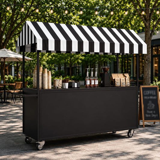 Portable Vendor Cart with Lockable Canopy and Wheels, Large Mobile Food Display Stand for Outdoor Markets & Events, Sturdy Metal Snack Kiosk with 360° Swivel Casters (Black, 55x23.6x78.7in)