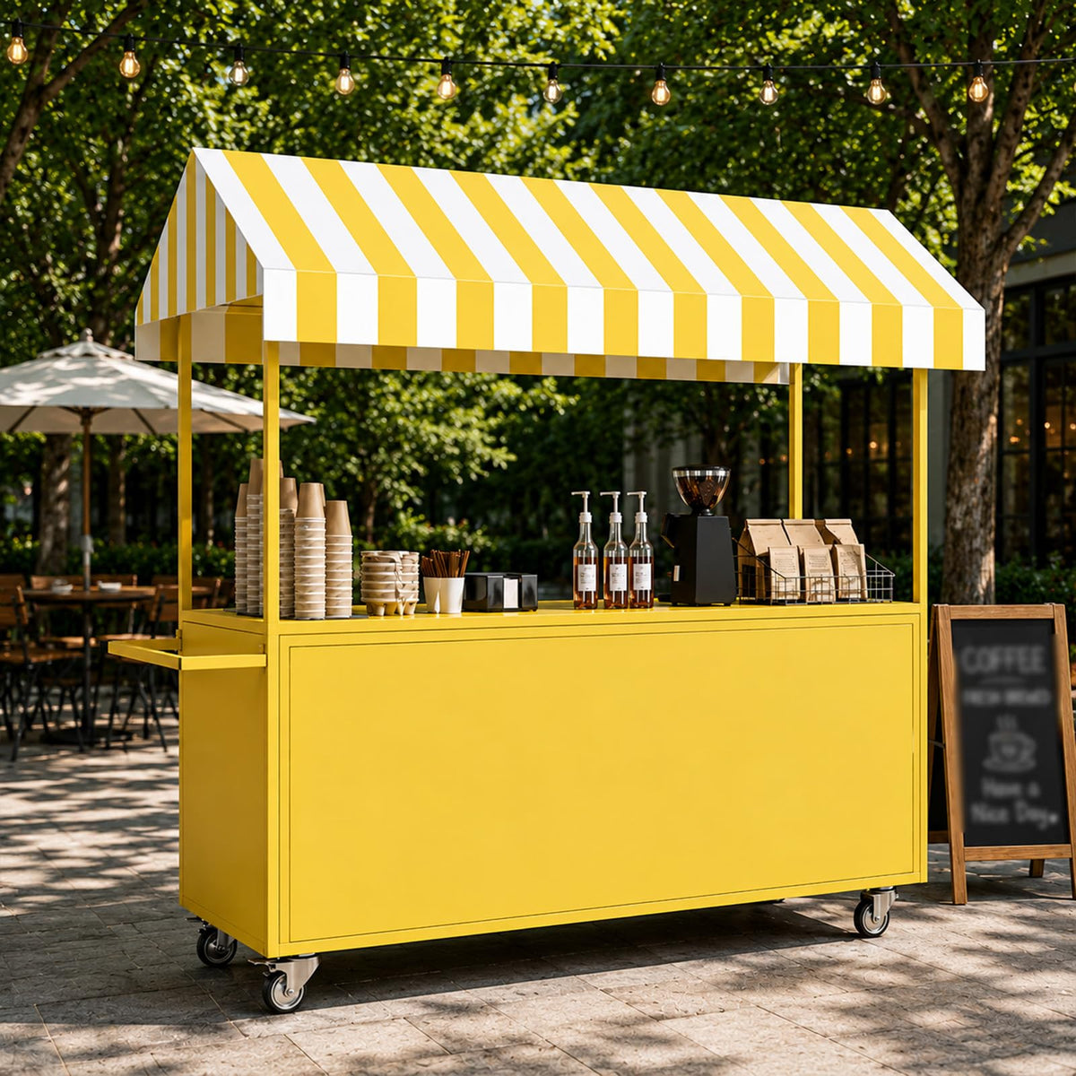 Portable Vendor Cart with Lockable Canopy and Wheels, Large Mobile Food Display Stand for Outdoor Markets & Events, Sturdy Metal Snack Kiosk with 360° Swivel Casters (Black, 55x23.6x78.7in)